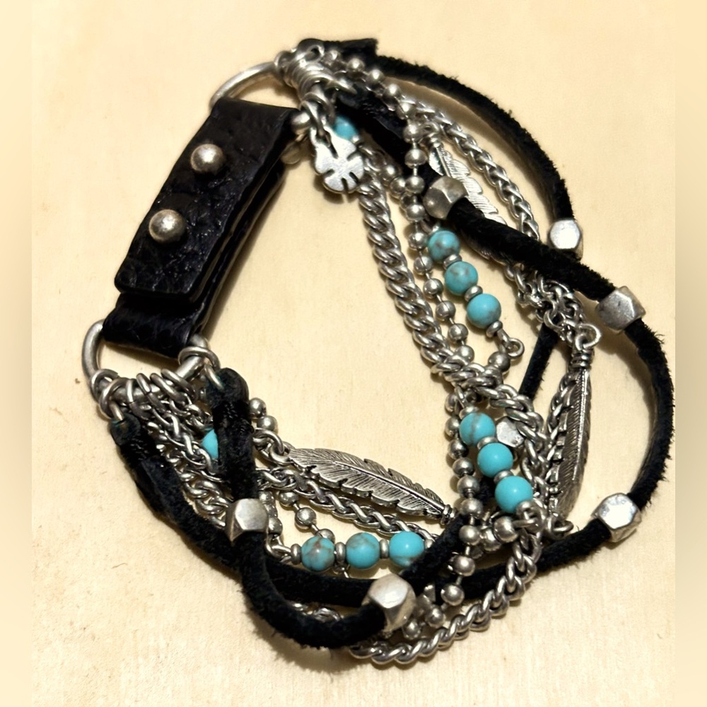 Lucky Brand vintage black leather, faux turquoise,silver beads approx bracelet